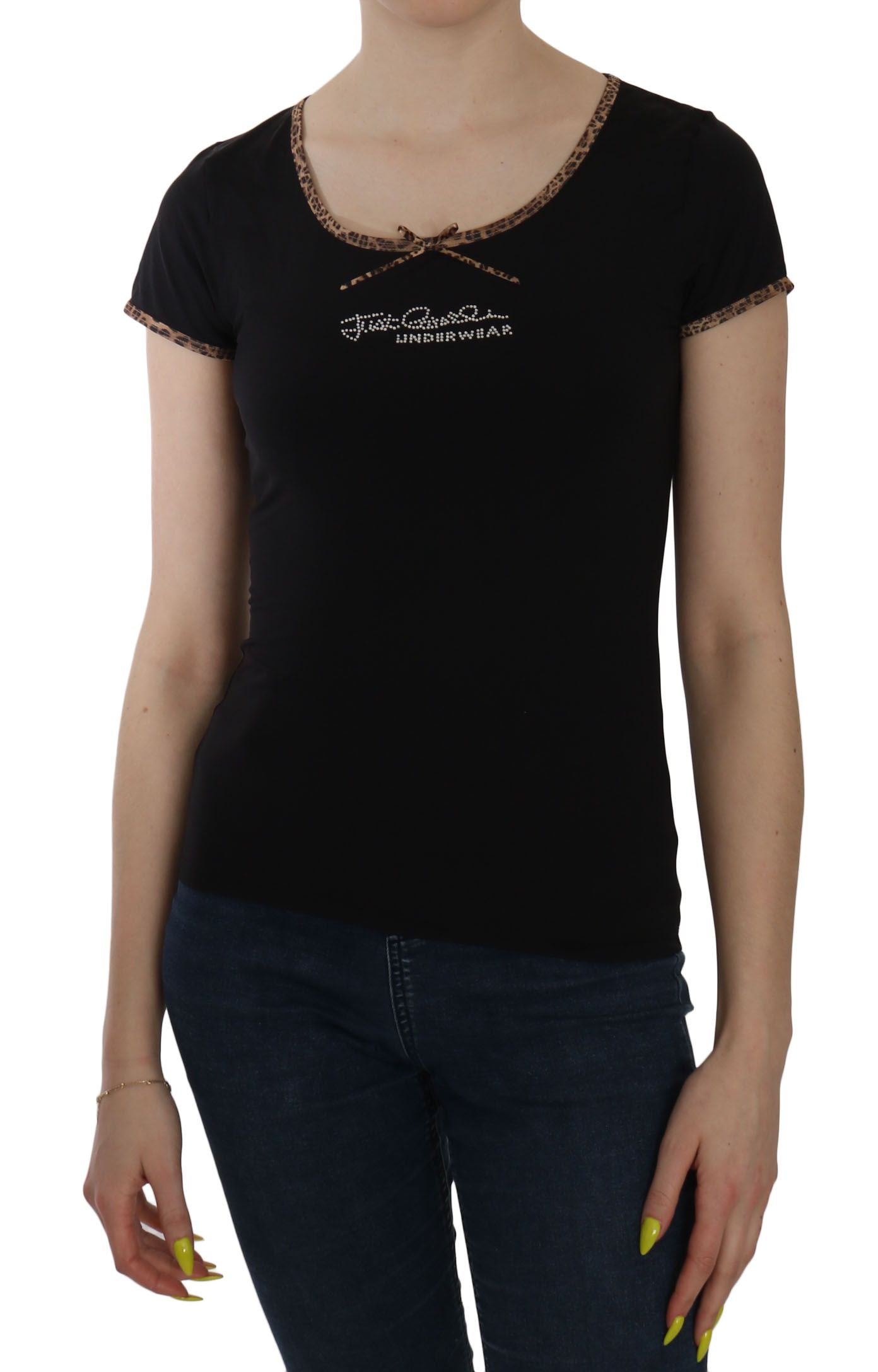 Just Cavalli Elegant Black Beaded Short Sleeve Top