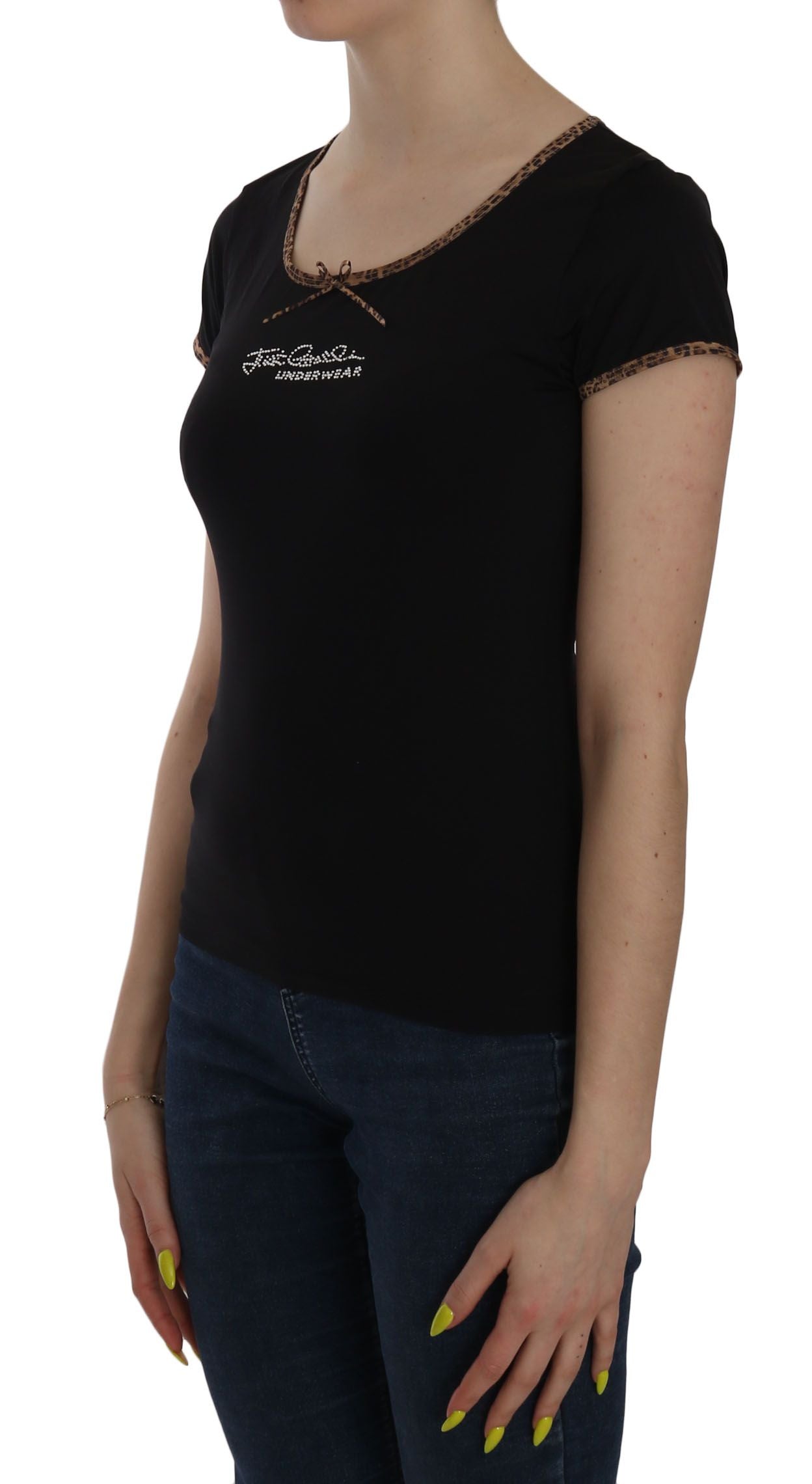 Just Cavalli Elegant Black Beaded Short Sleeve Top