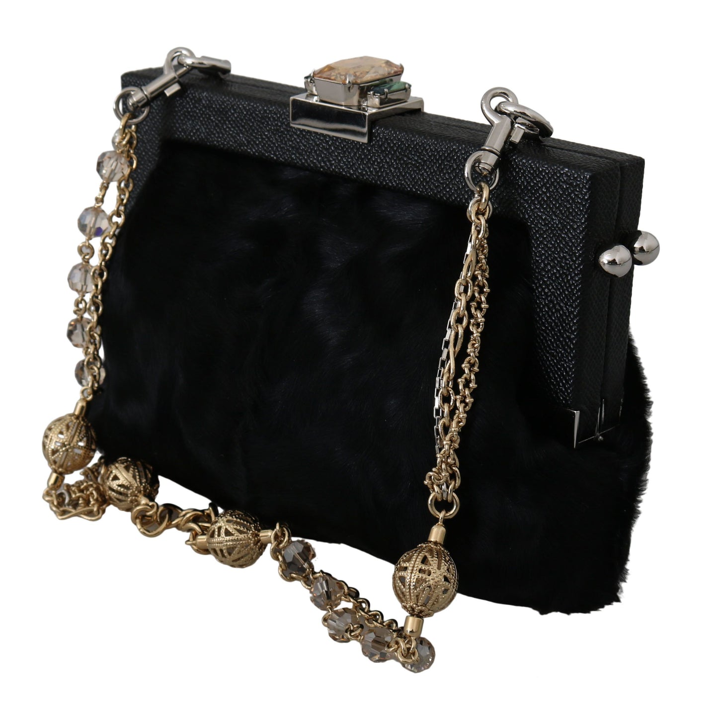 Dolce & Gabbana Black Fur Gold Baroque Crystal Evening Clutch