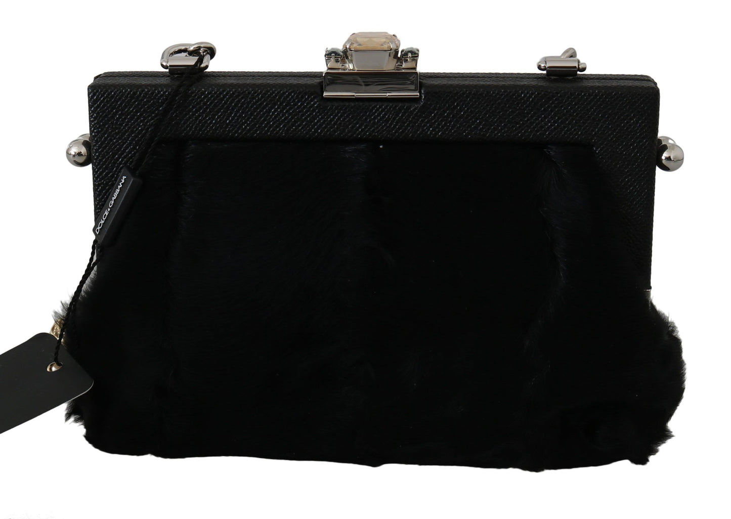 Dolce & Gabbana Black Fur Gold Baroque Crystal Evening Clutch