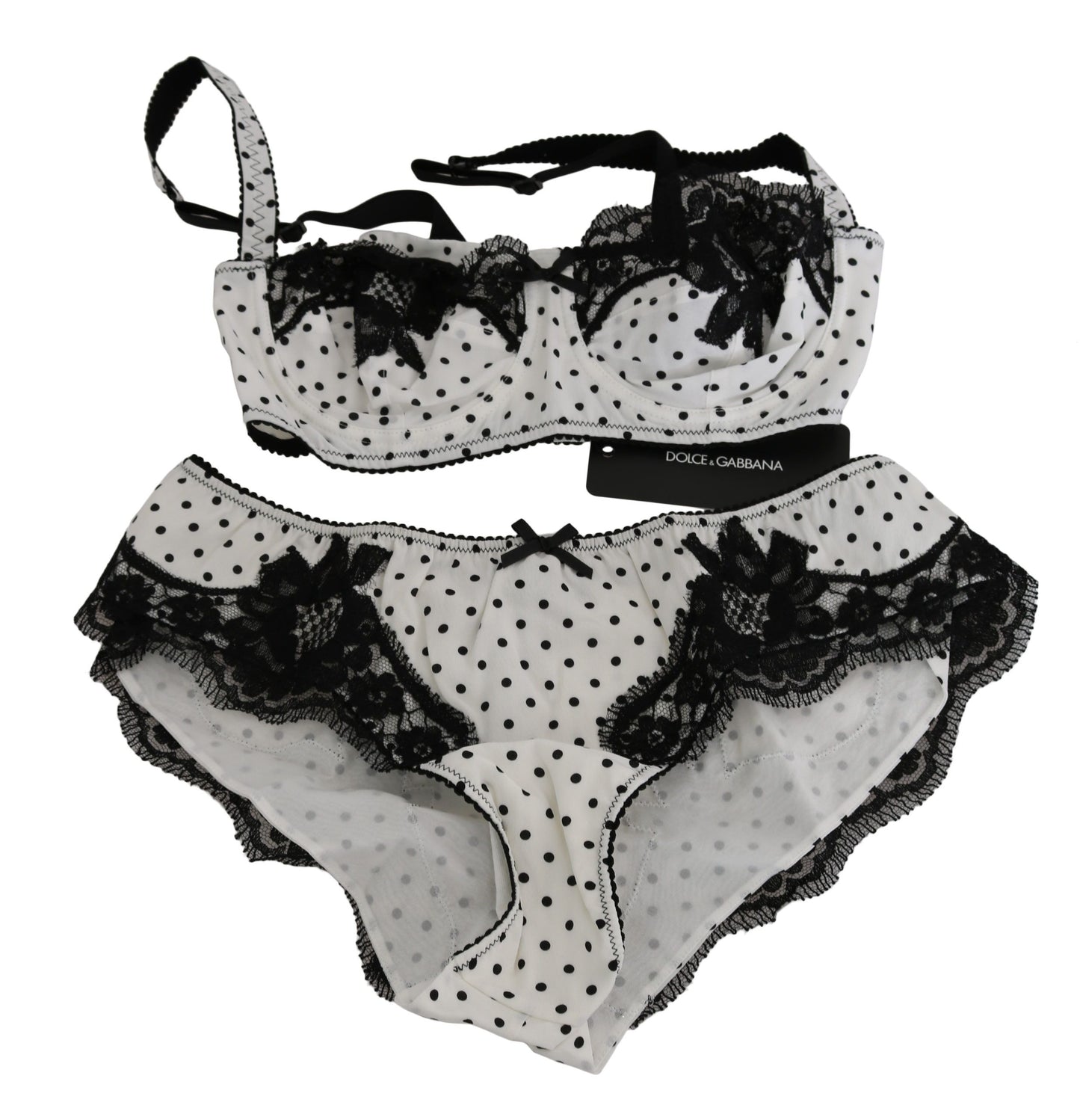 Dolce & Gabbana Elegant White & Black Lace Silk Lingerie Set