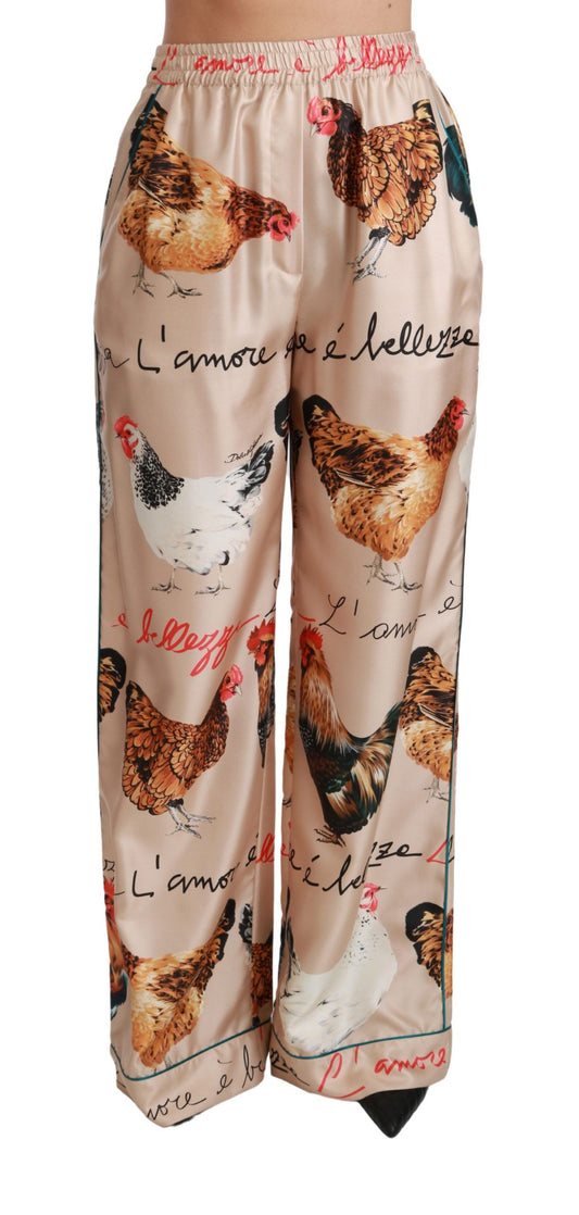 Dolce & Gabbana Chic Hen Chicken Print Silk Pants