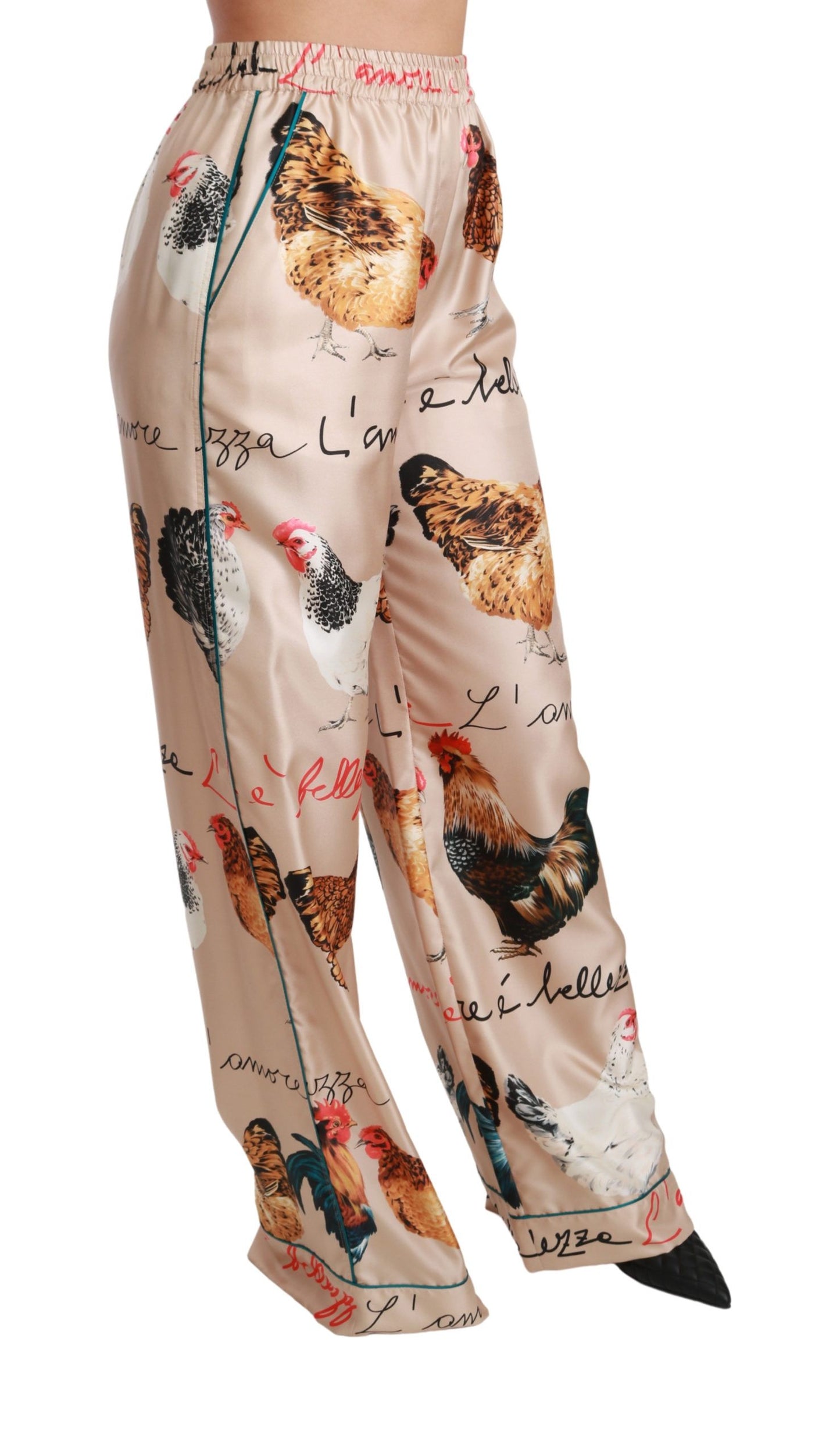 Dolce & Gabbana Chic Hen Chicken Print Silk Pants