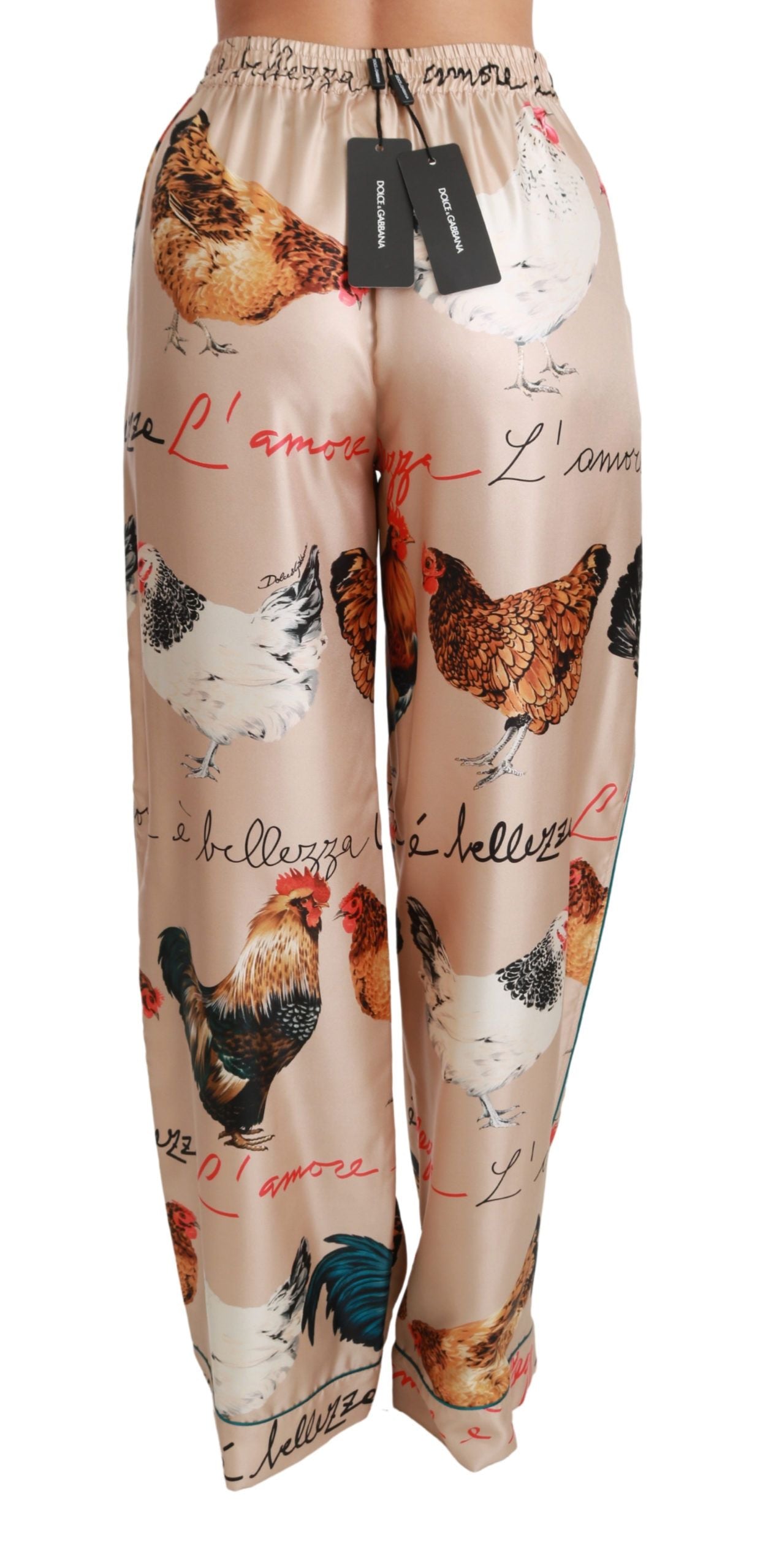 Dolce & Gabbana Chic Hen Chicken Print Silk Pants