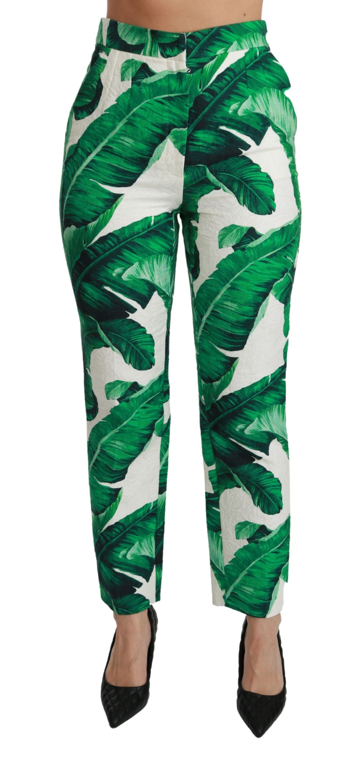 Dolce & Gabbana Elegant Green Brocade Pants with Banana Leaf Print