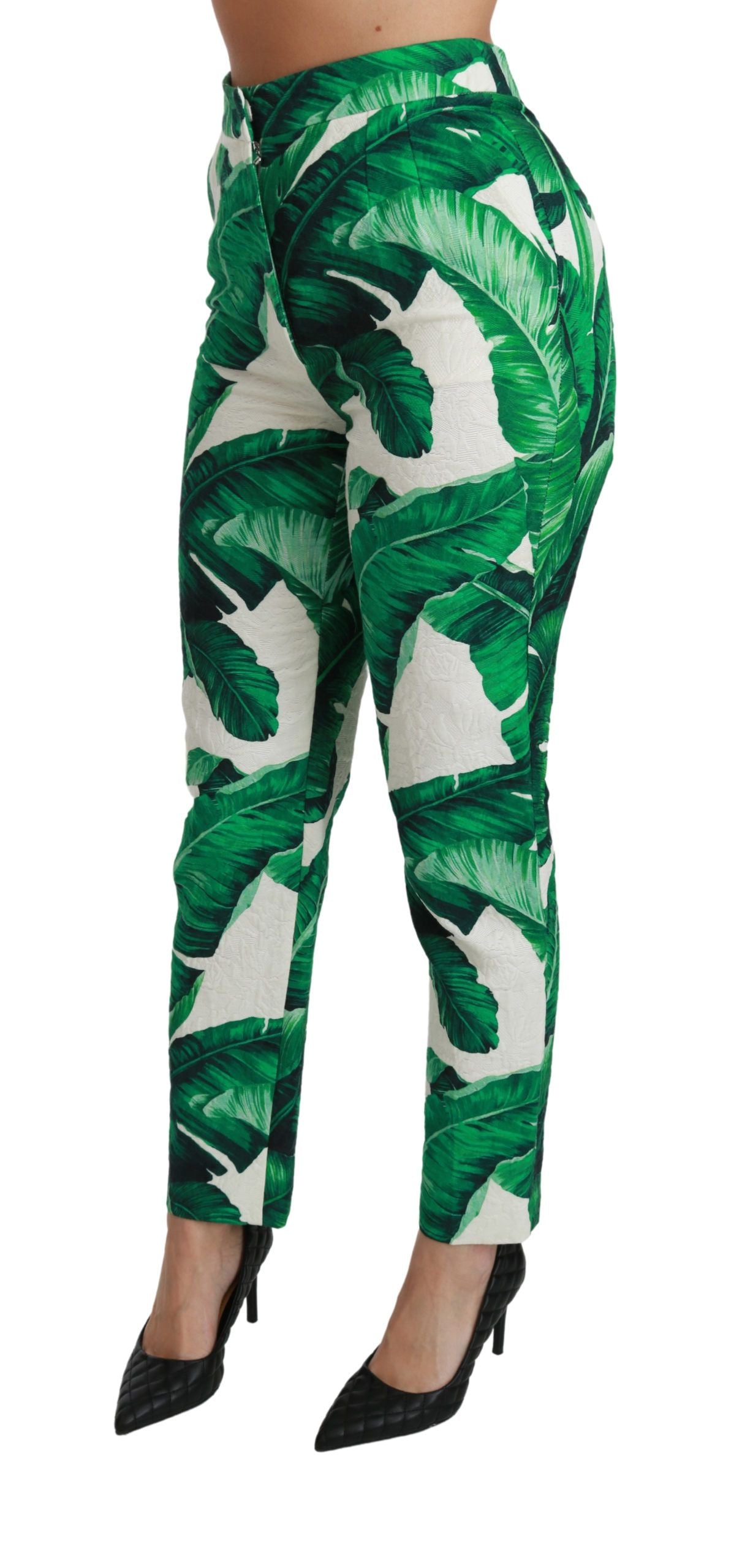 Dolce & Gabbana Elegant Green Brocade Pants with Banana Leaf Print