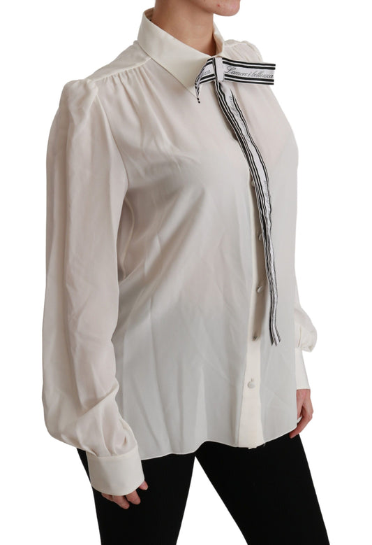 Dolce & Gabbana Elegant White Silk Blouse with Detachable Bow