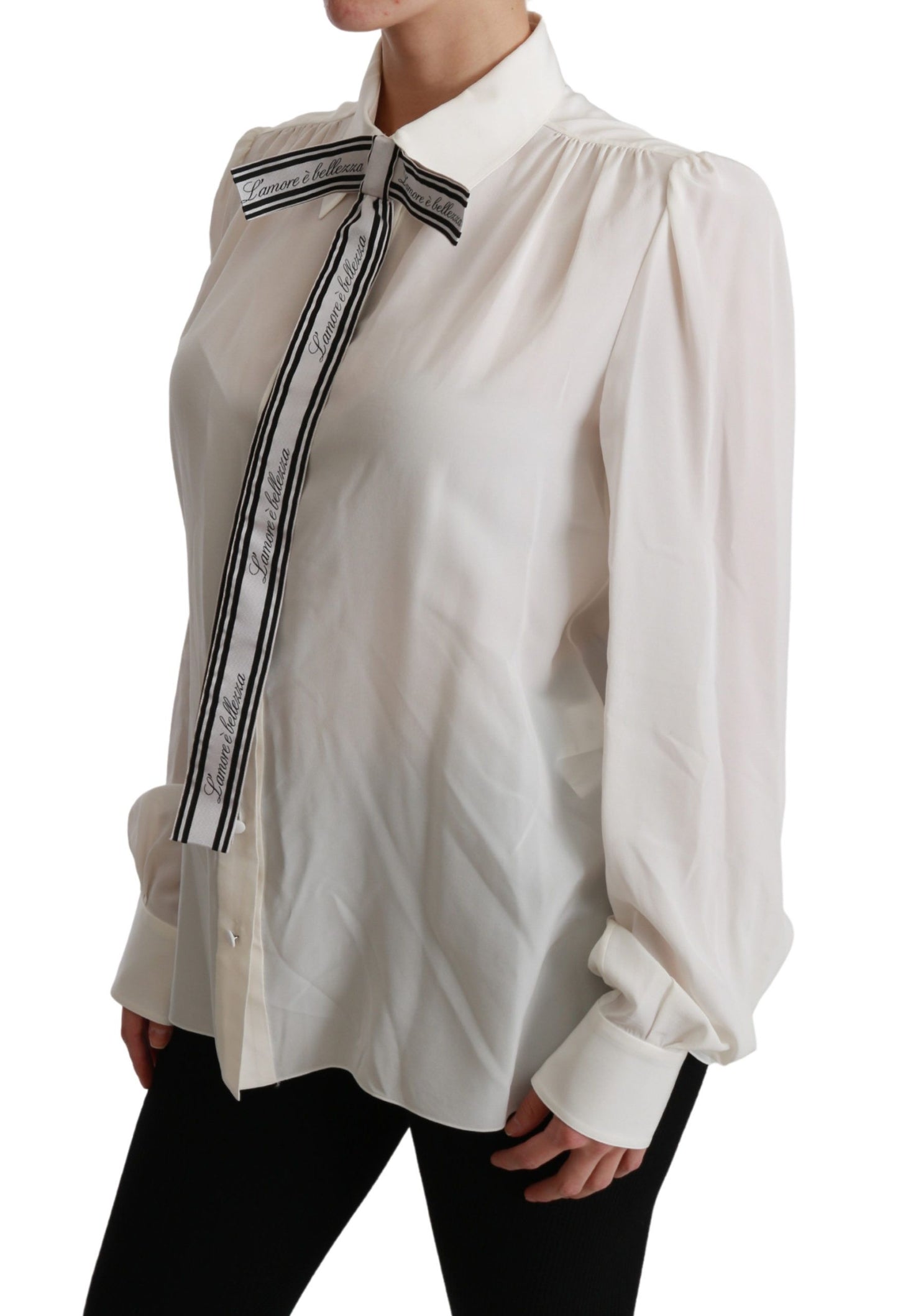 Dolce & Gabbana Elegant White Silk Blouse with Detachable Bow