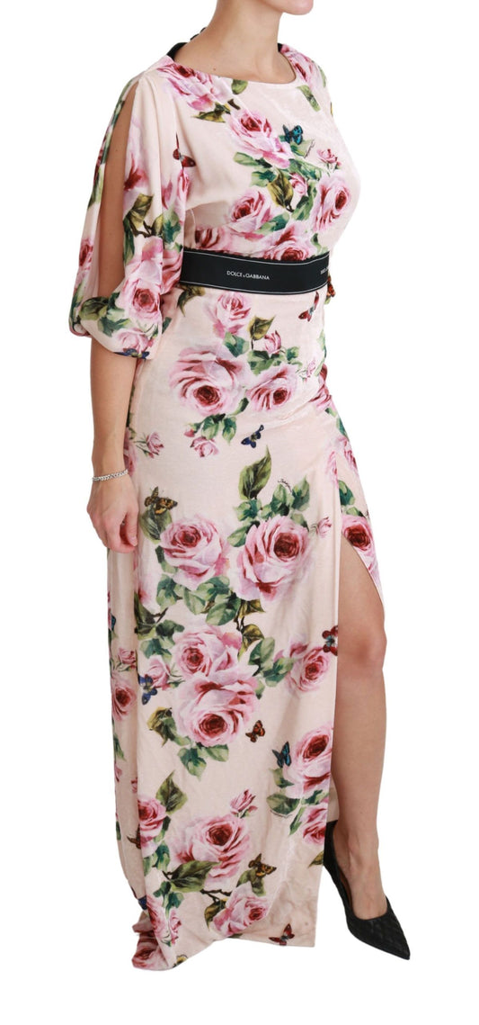 Dolce & Gabbana Elegant Pink Velvet Rose Print Maxi Dress