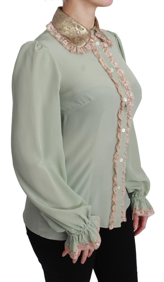 Dolce & Gabbana Elegant Mint Green Silk Blend Sequin Collar Top