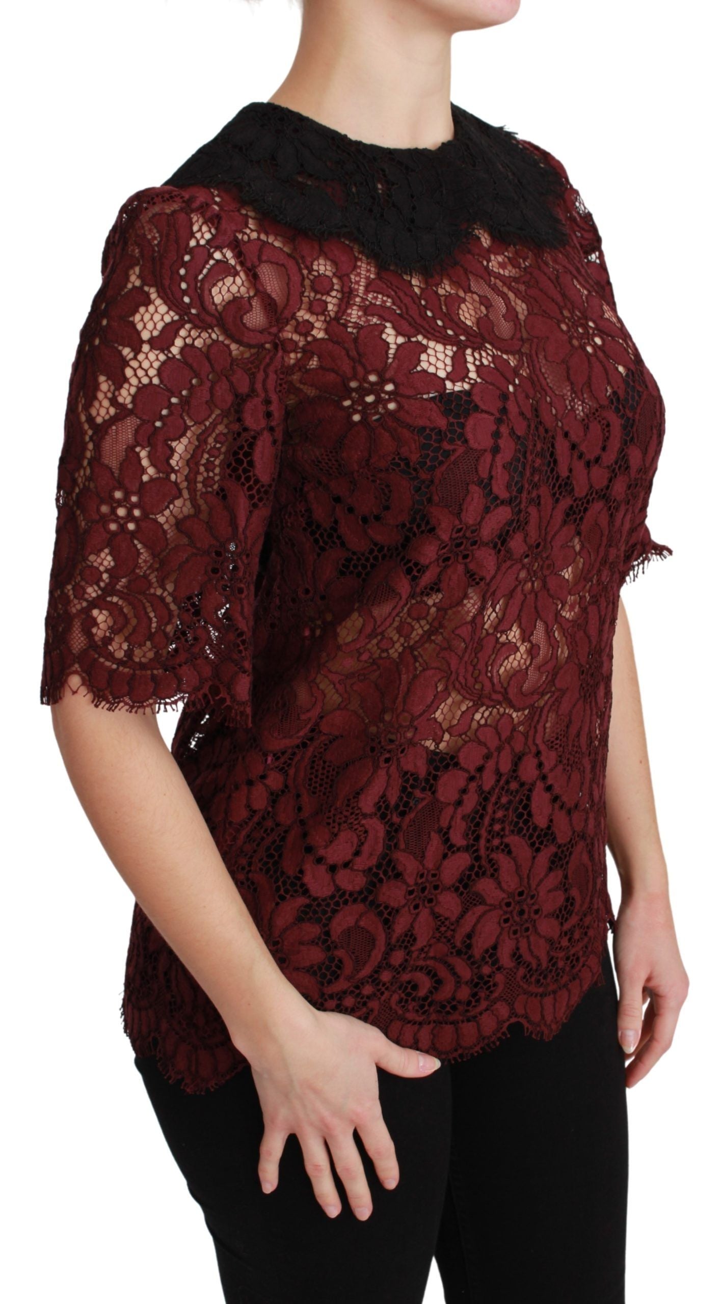 Dolce & Gabbana Maroon Floral Lace Short Sleeve Blouse