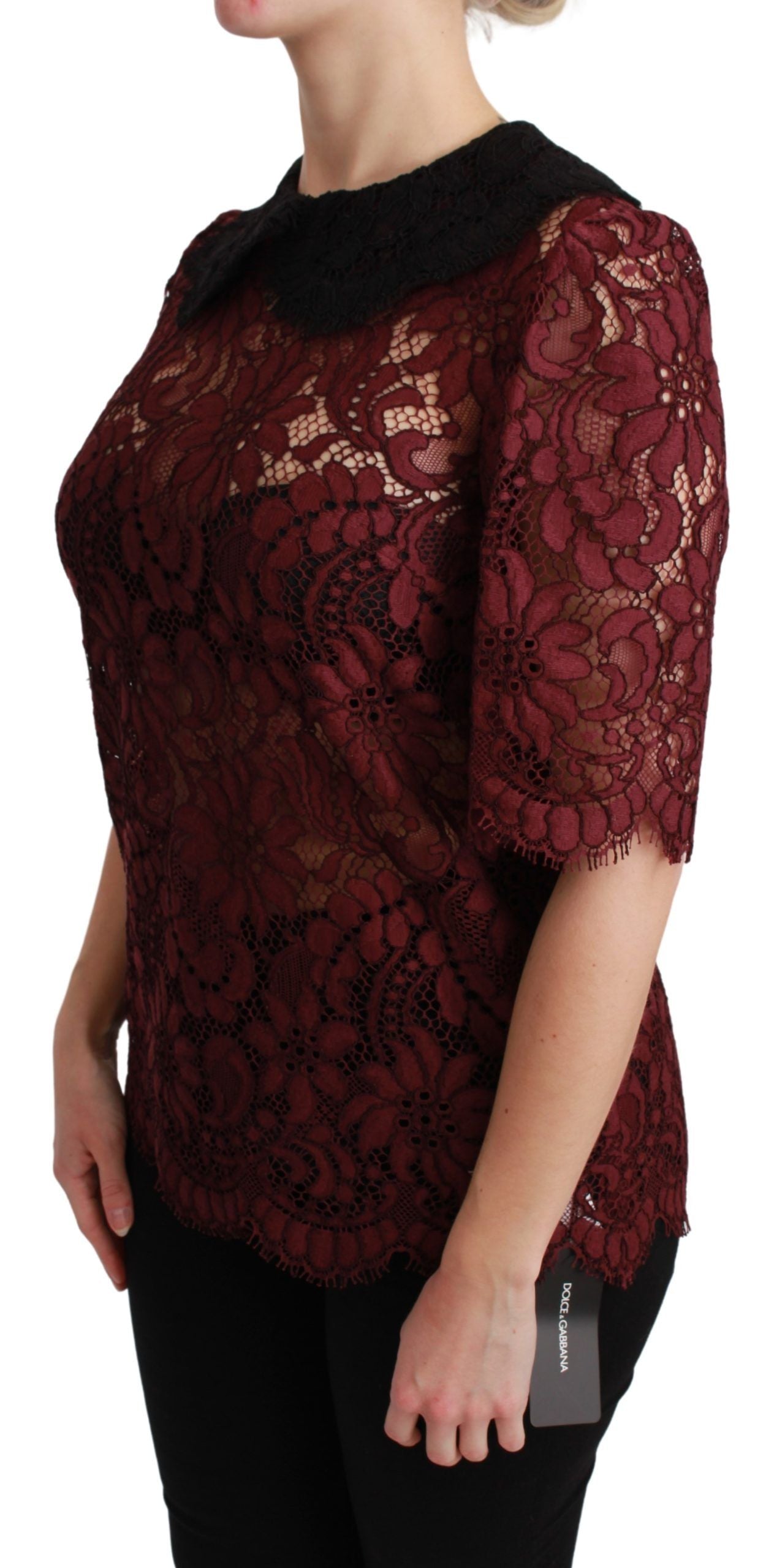 Dolce & Gabbana Maroon Floral Lace Short Sleeve Blouse