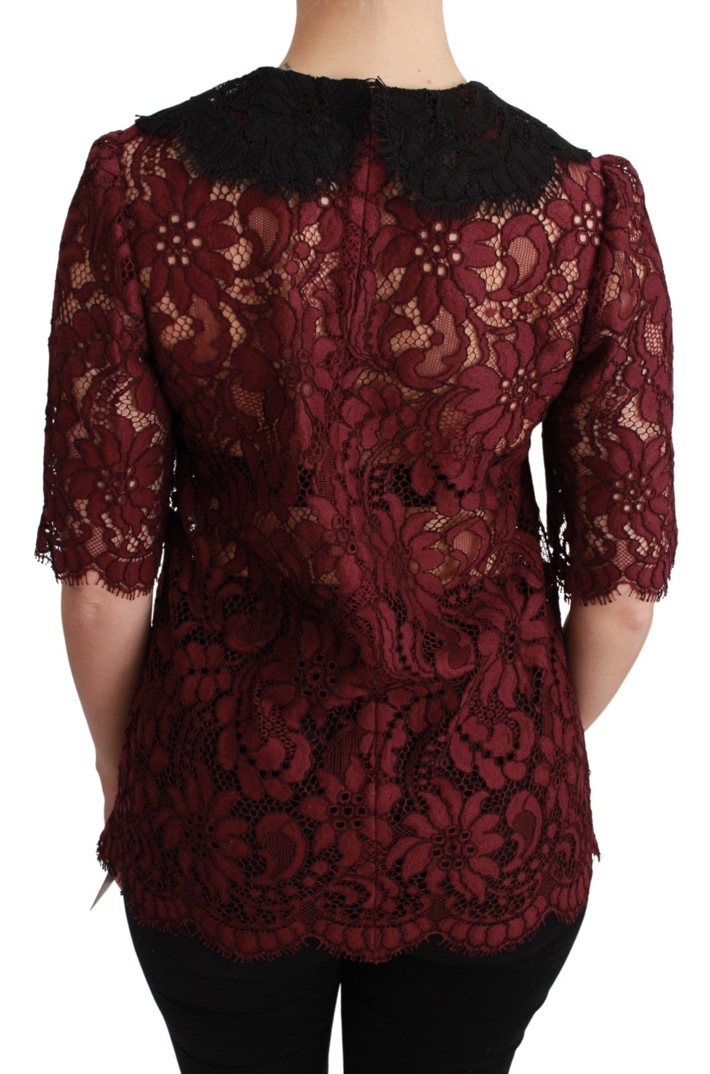 Dolce & Gabbana Maroon Floral Lace Short Sleeve Blouse