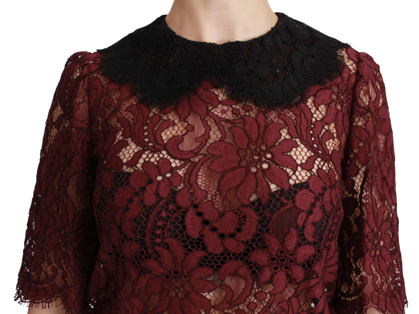 Dolce & Gabbana Maroon Floral Lace Short Sleeve Blouse