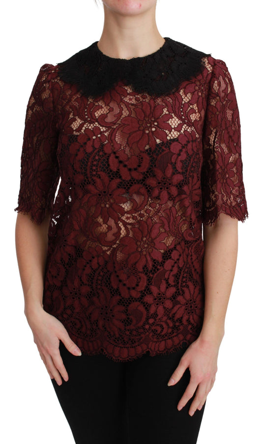 Dolce & Gabbana Maroon Floral Lace Short Sleeve Blouse