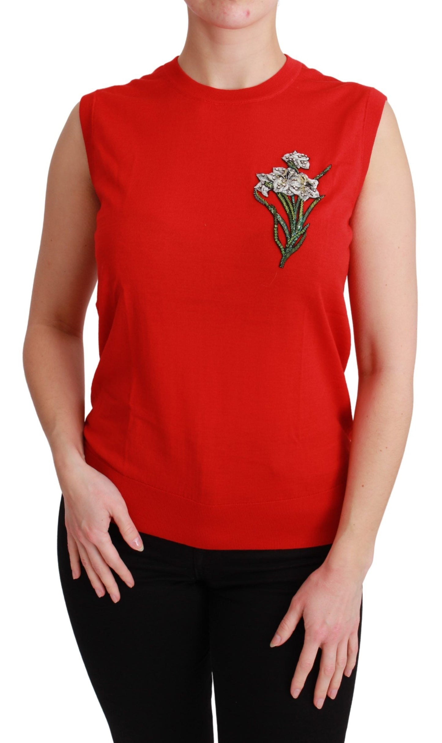 Dolce & Gabbana Embroidered Red Wool Tank Blouse