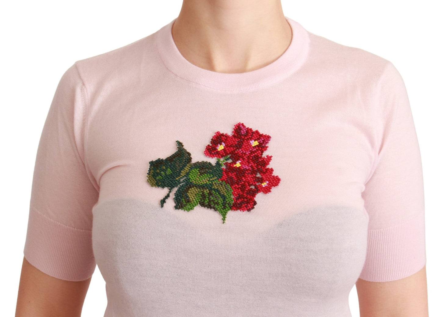 Dolce & Gabbana Cashmere Floral Embroidered Short Sleeve Top