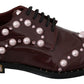 Dolce & Gabbana Elegant Bordeaux Lace-Up Flats with Pearls and Crystals