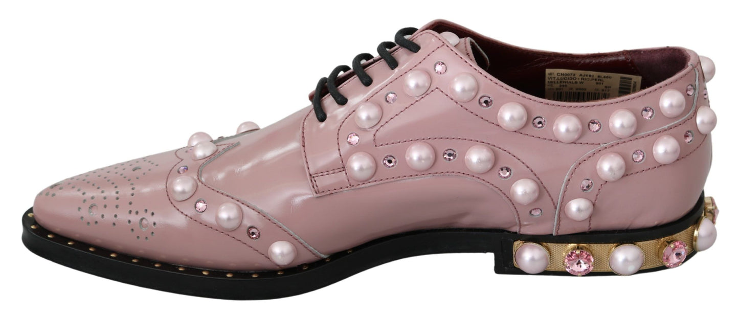 Dolce & Gabbana Elegant Pink Crystal-Embellished Lace-Up Flats