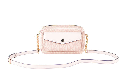 Michael Kors Jet Set Travel Medium Signature PVC Pocket Camera Bag Crossbody Handbag (Powder Blush Multi Signature)