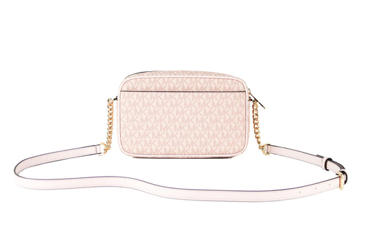 Michael Kors Jet Set Travel Medium Signature PVC Pocket Camera Bag Crossbody Handbag (Powder Blush Multi Signature)