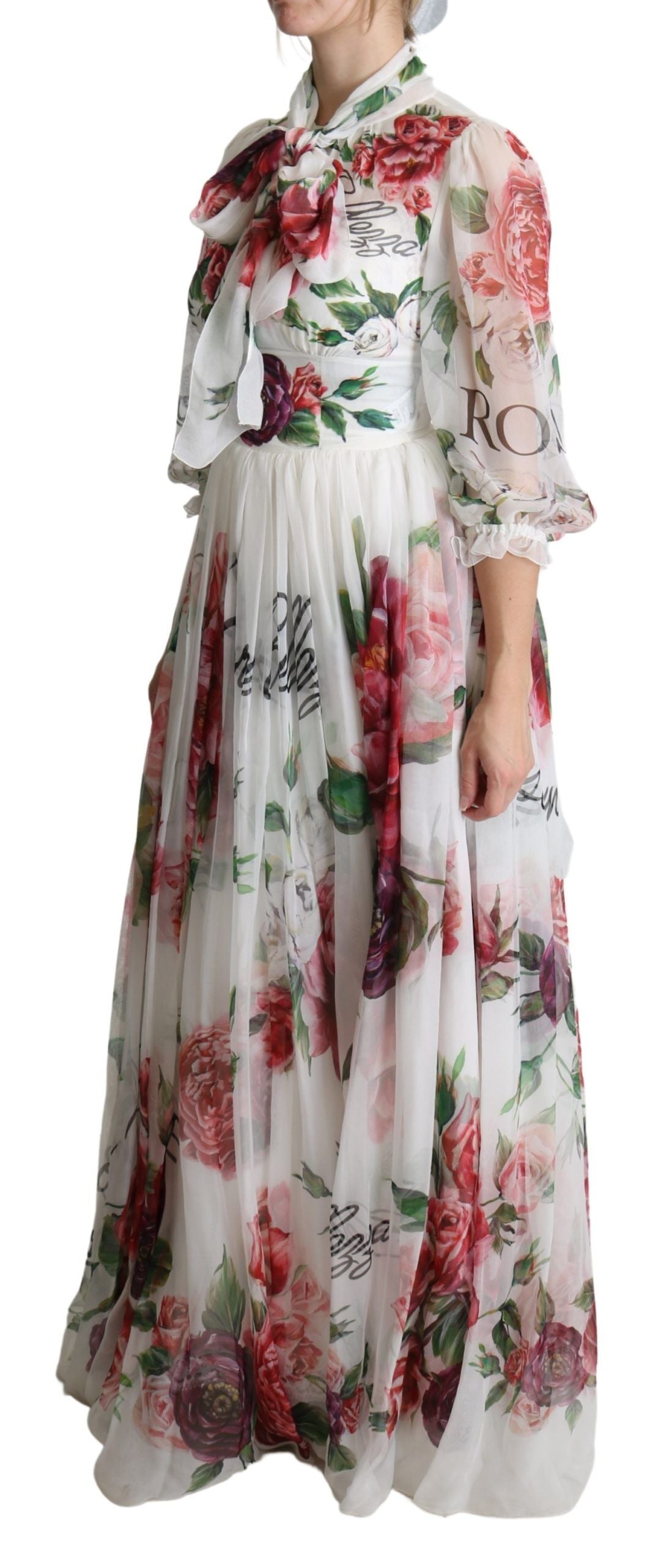 Dolce & Gabbana Elegant Floral Scarf Neck Pleated Gown