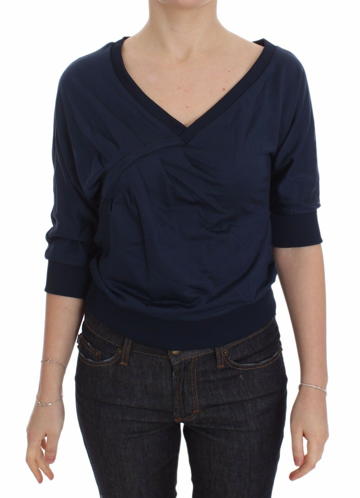 Exte Elegant Deep V-Neck Sweater in Blue