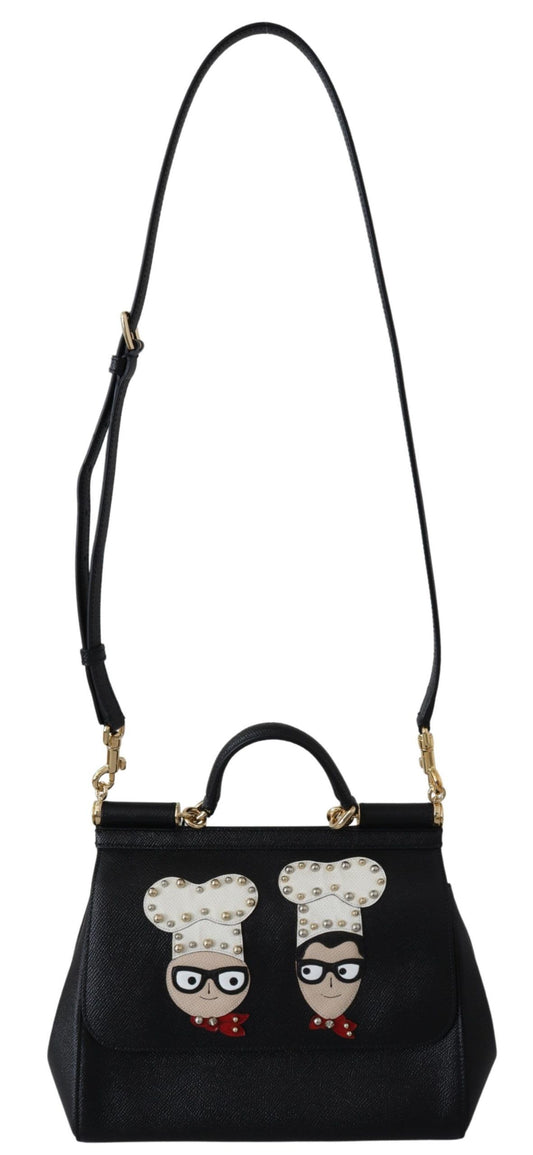 Dolce & Gabbana Chic Black Leather Sicily Handbag with Angel Detail