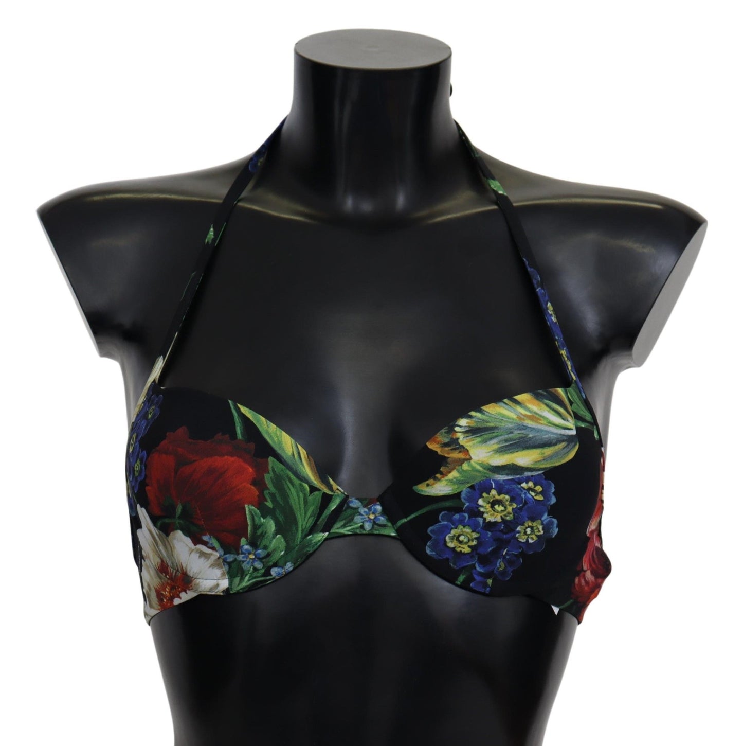 Dolce & Gabbana Chic Black Floral Bikini Top with Tie Neck