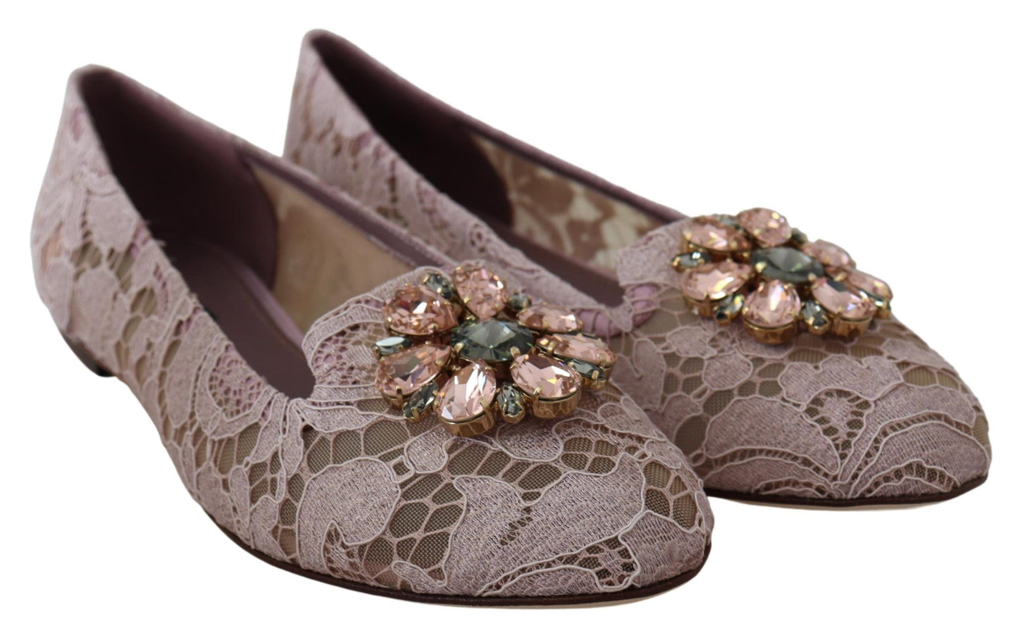 Dolce & Gabbana Enchanting Pink Lace Flats with Crystal Embellishments