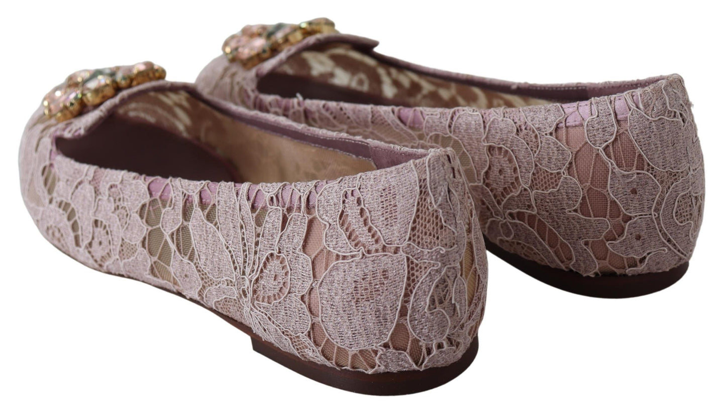 Dolce & Gabbana Enchanting Pink Lace Flats with Crystal Embellishments