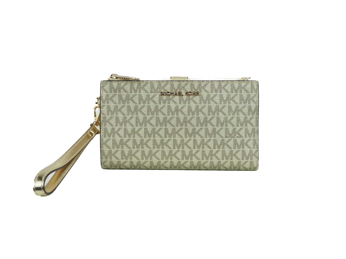 Michael Kors Jet Set Travel Leather Logo Large Double Zip Wristlet Wallet (Pale Gold Metallic)