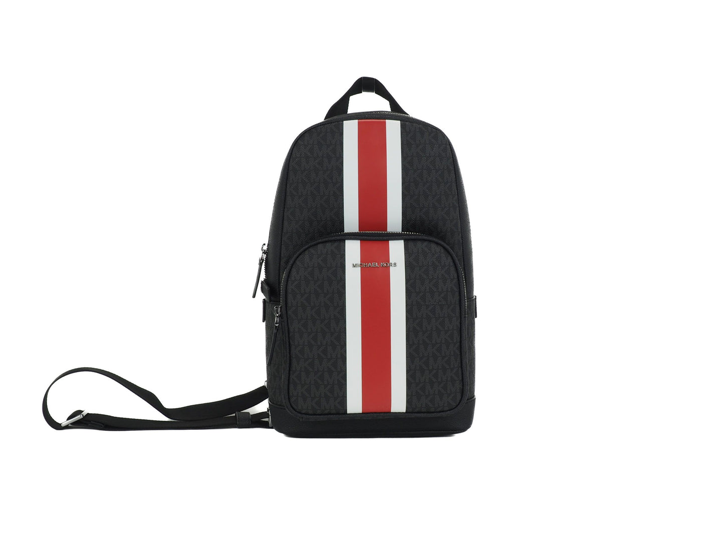 Michael Kors Cooper Medium Signature PVC Varsity Stripe Commuter Slingpack Crossbody Bag (Black Signature/Flame Red)