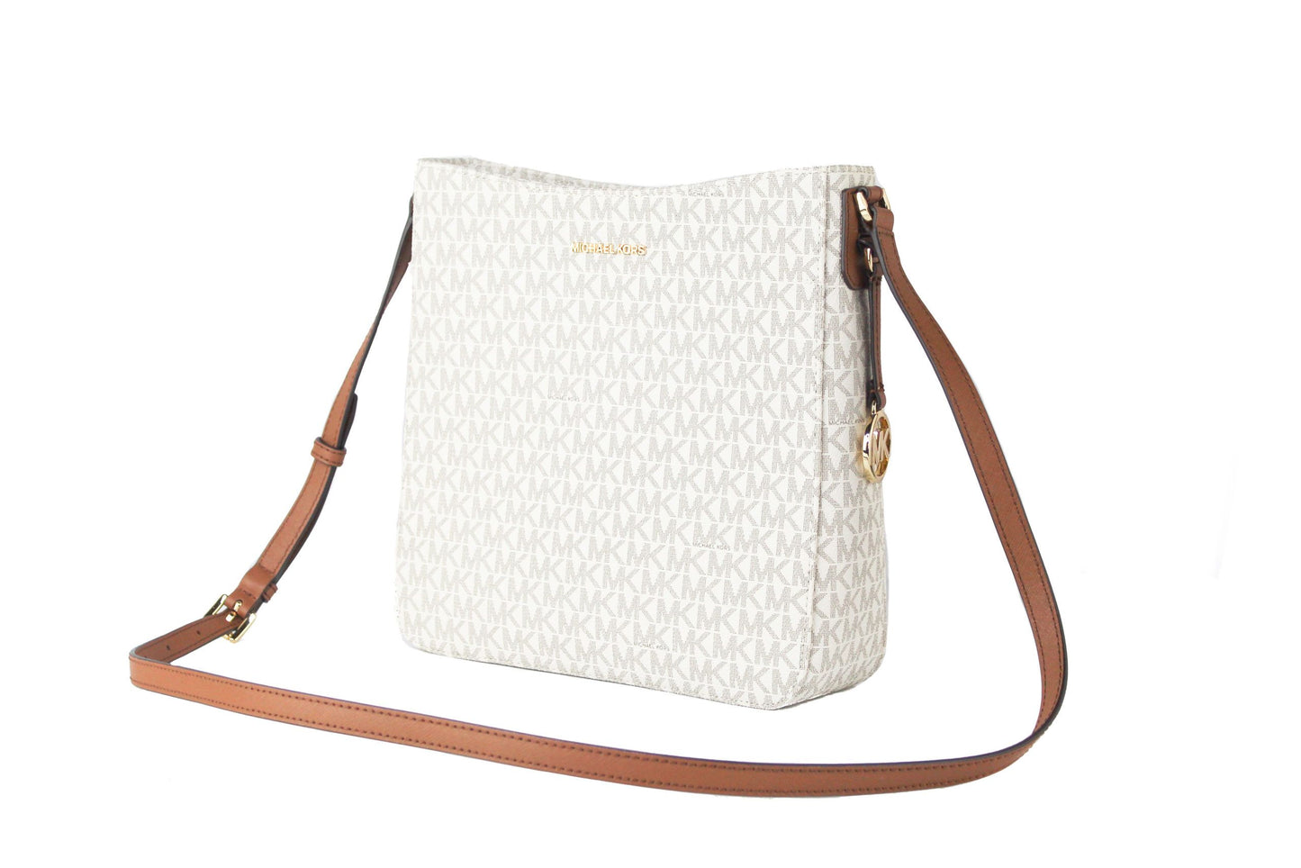 Michael Kors Signature Jet Set Large Signature Messenger Crossbody Bag (Vanilla Signature/Brown)