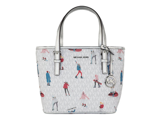 Michael Kors Jet Set Girls Print Signature PVC XS Carryall Top Zip Tote (Bright White Multi)