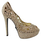 Philipp Plein Elegant Beige Leather Heeled Pumps with Rhinestones