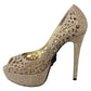 Philipp Plein Elegant Beige Leather Heeled Pumps with Rhinestones