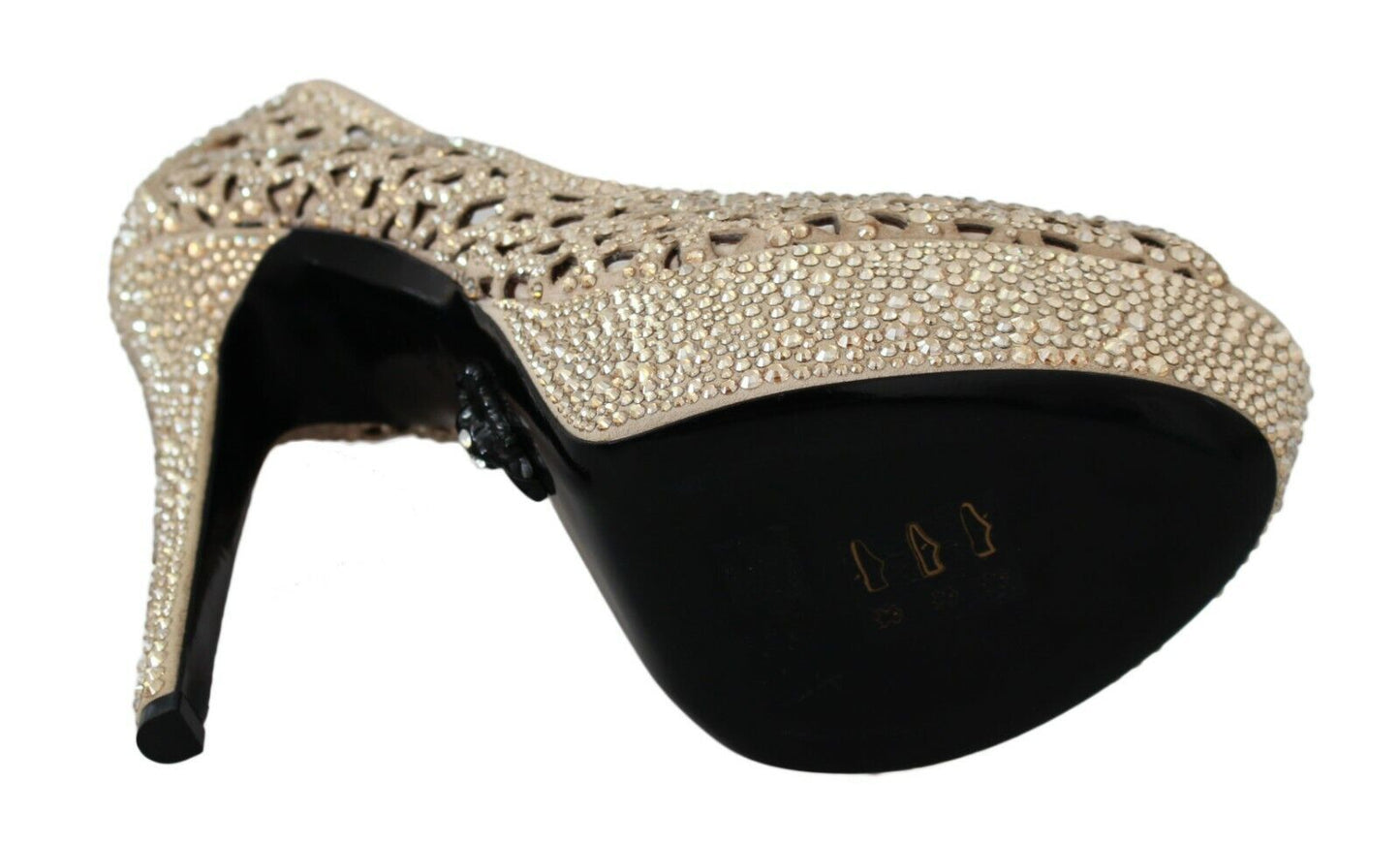 Philipp Plein Elegant Beige Leather Heeled Pumps with Rhinestones