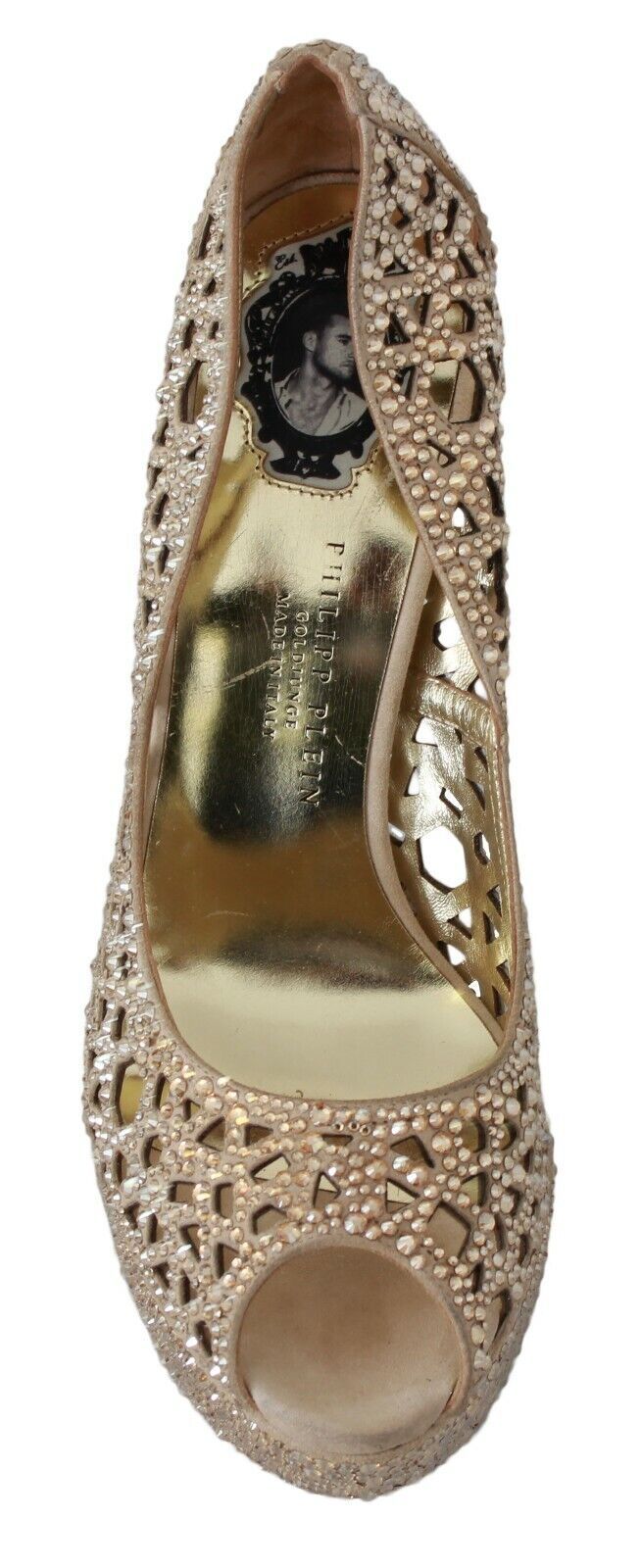 Philipp Plein Elegant Beige Leather Heeled Pumps with Rhinestones