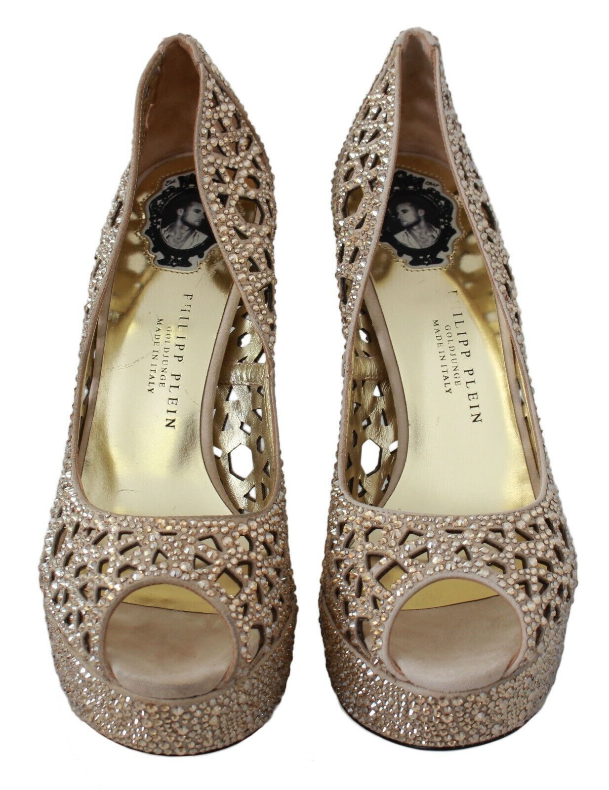 Philipp Plein Elegant Beige Leather Heeled Pumps with Rhinestones