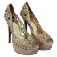 Philipp Plein Elegant Beige Leather Heeled Pumps with Rhinestones