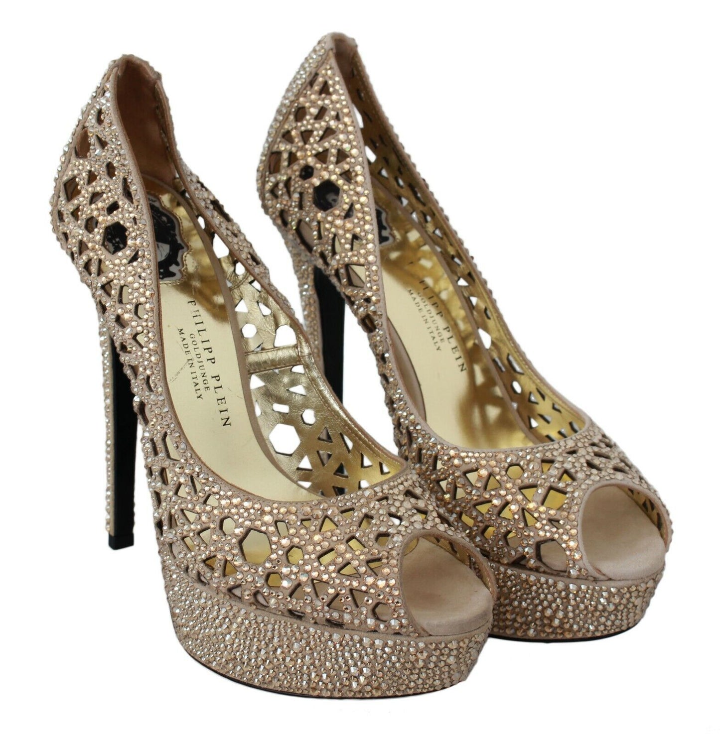 Philipp Plein Elegant Beige Leather Heeled Pumps with Rhinestones