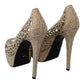 Philipp Plein Elegant Beige Leather Heeled Pumps with Rhinestones