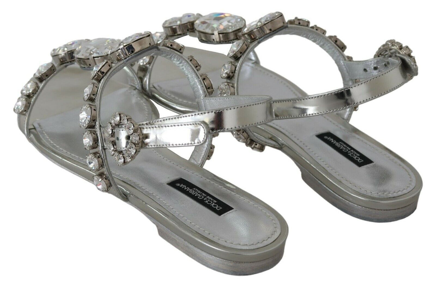 Dolce & Gabbana Crystal Embellished Silver Leather Sandals