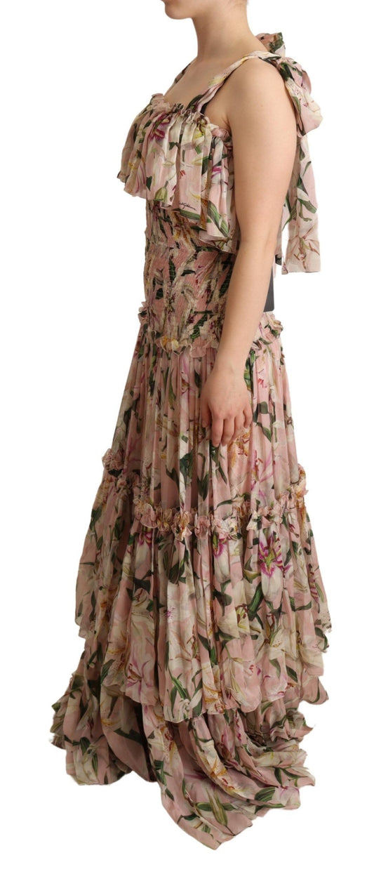 Dolce & Gabbana Elegant Sleeveless Floral Ruched Silk Long Dress