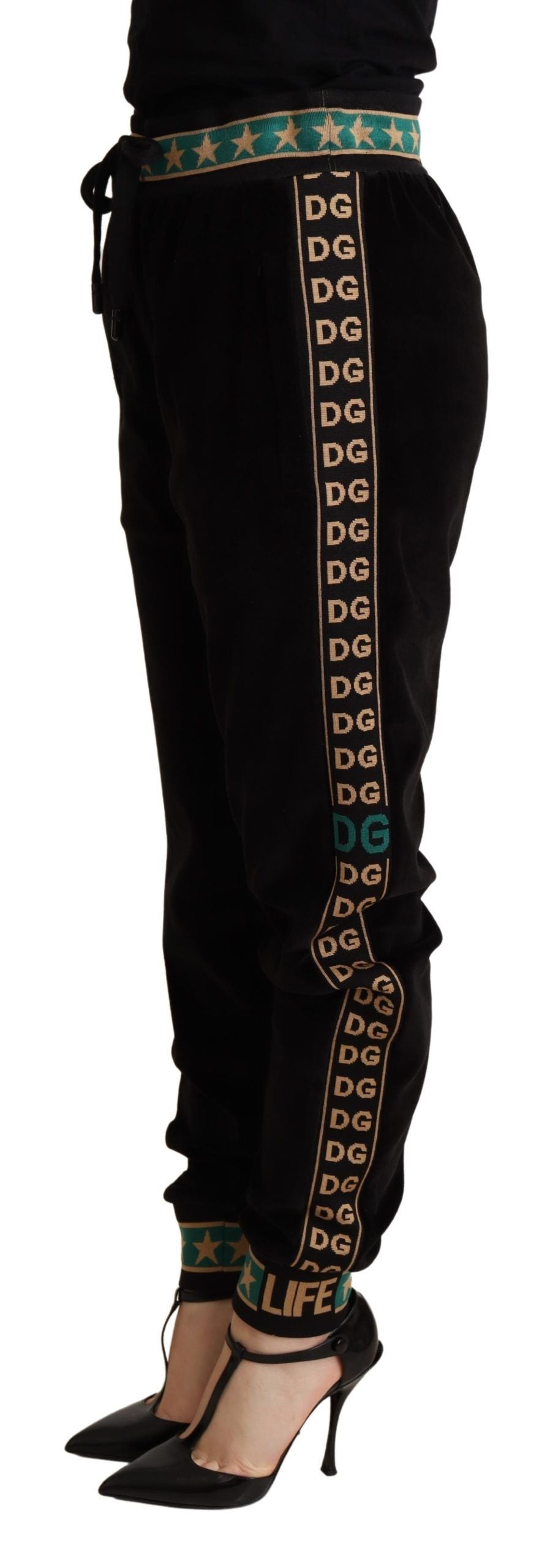 Dolce & Gabbana Chic Black Velour Embroidered Sweatpants