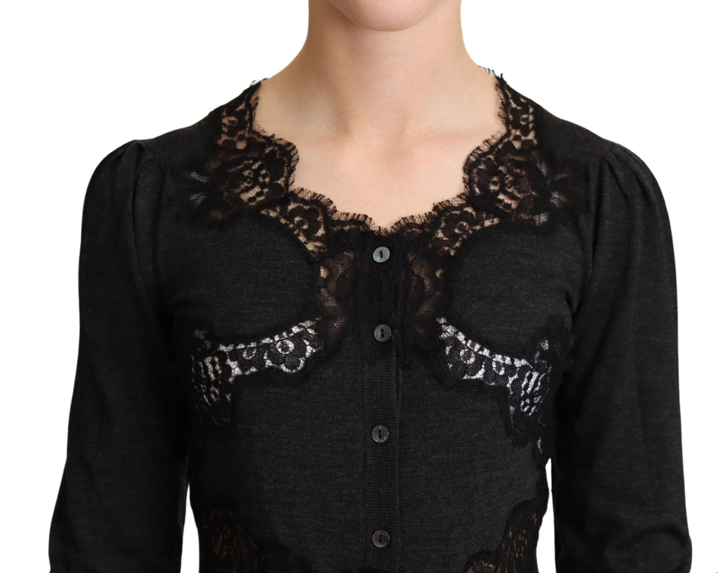 Dolce & Gabbana Elegant Gray Lace-Trim Wool Cardigan