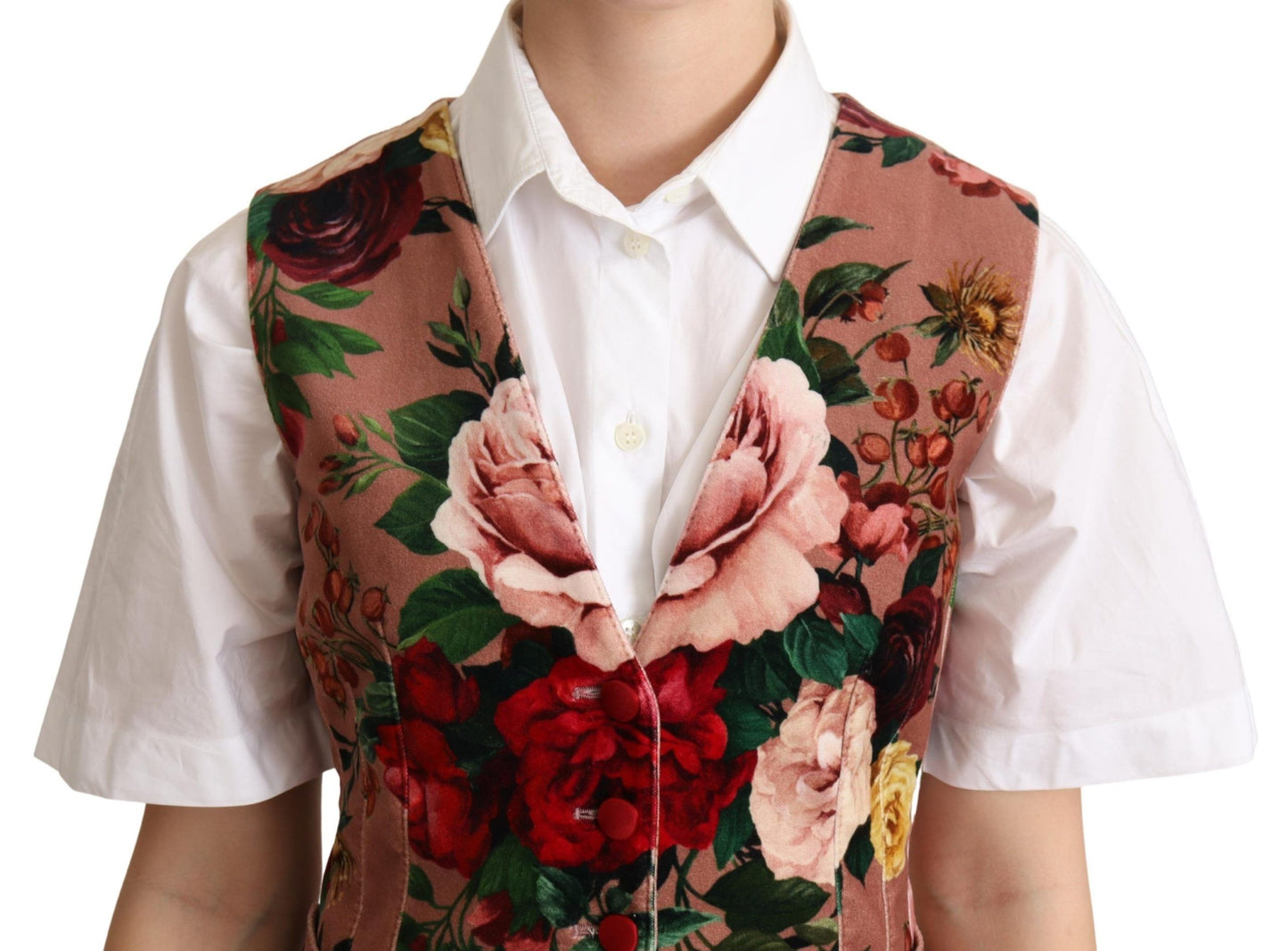 Dolce & Gabbana Pink Floral Print Velvet Sleeveless Vest