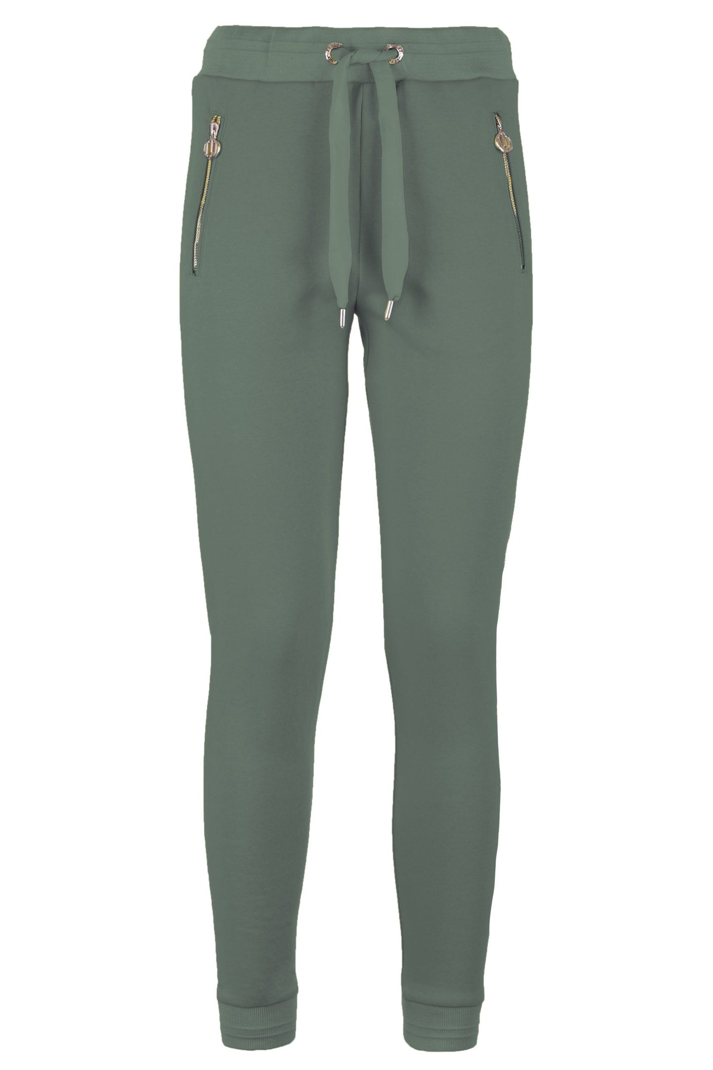 Imperfect Chic Green Stretch Sweatpants with Brass Accent