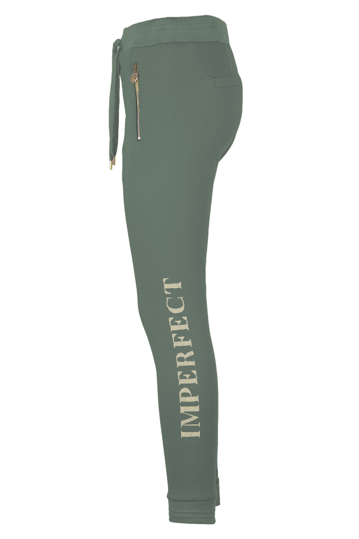 Imperfect Chic Green Stretch Sweatpants with Brass Accent